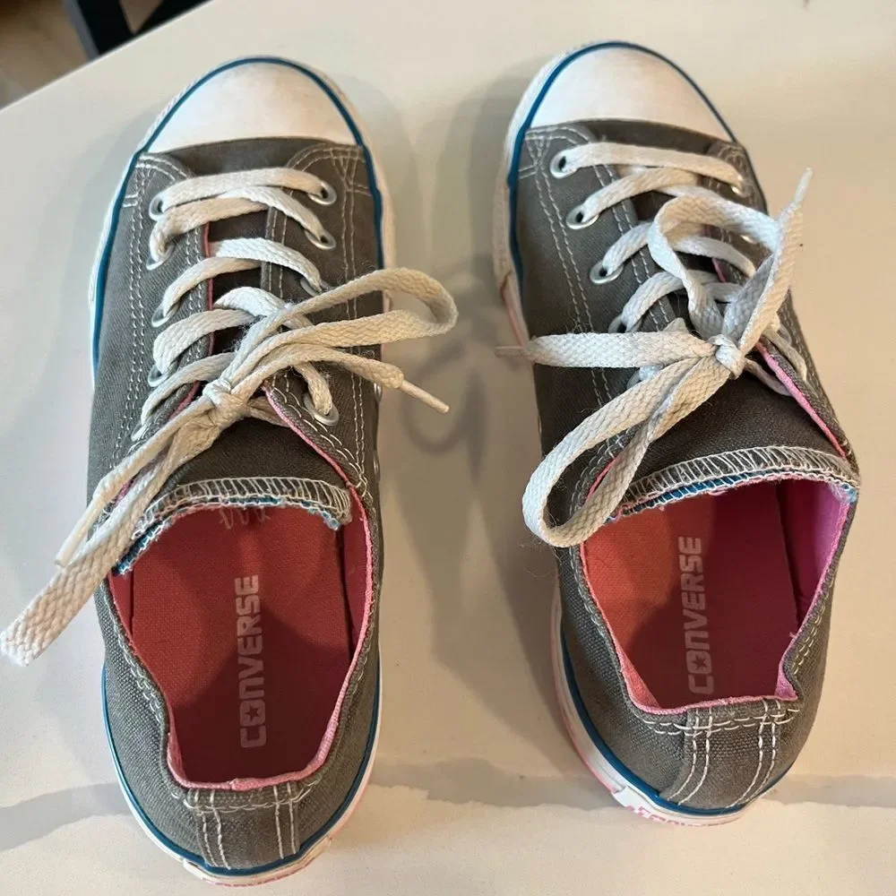 Converse All Star Girl's Gray Pink‎ Low Top Double Tongue Sneakers Sz 3
